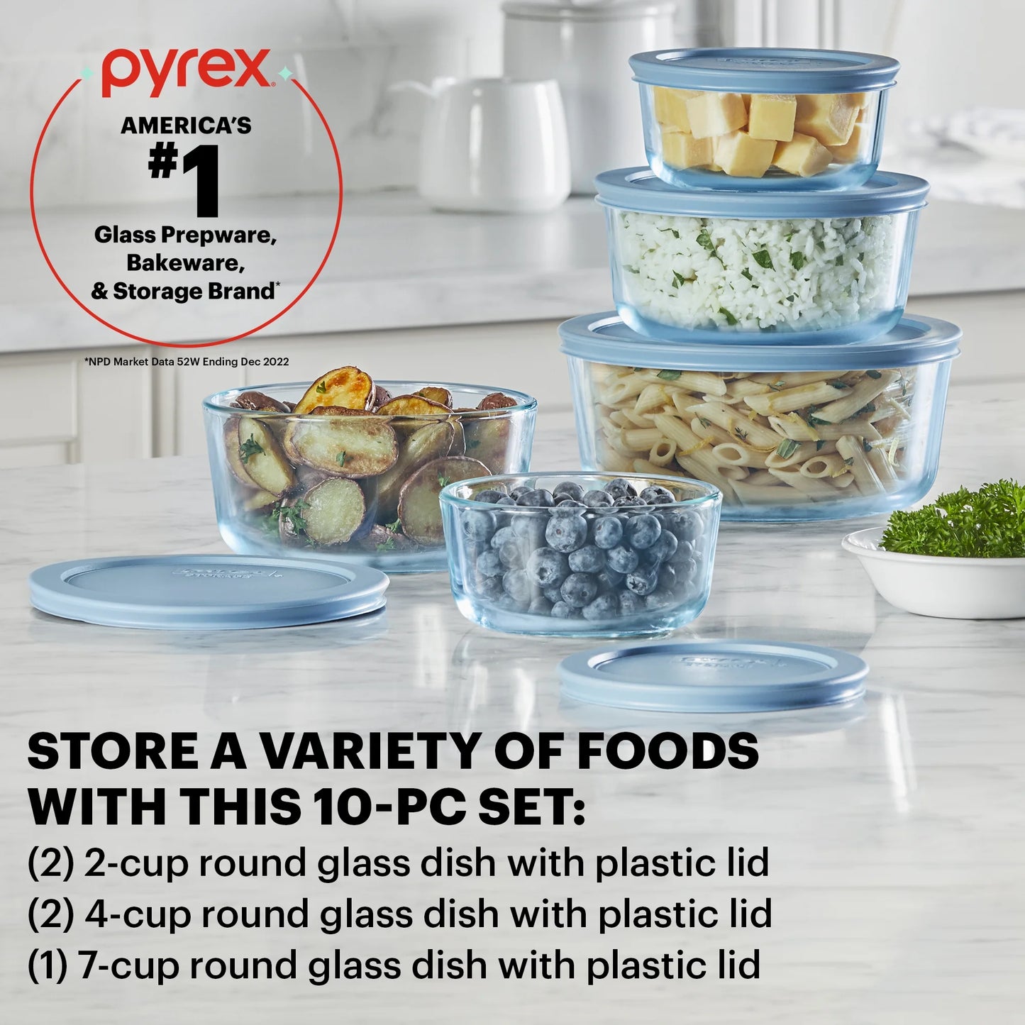 Simply Store Tinted 10-Piece round Glass Storage Set with 2C/4C/7C and Airtight Lids, Blue