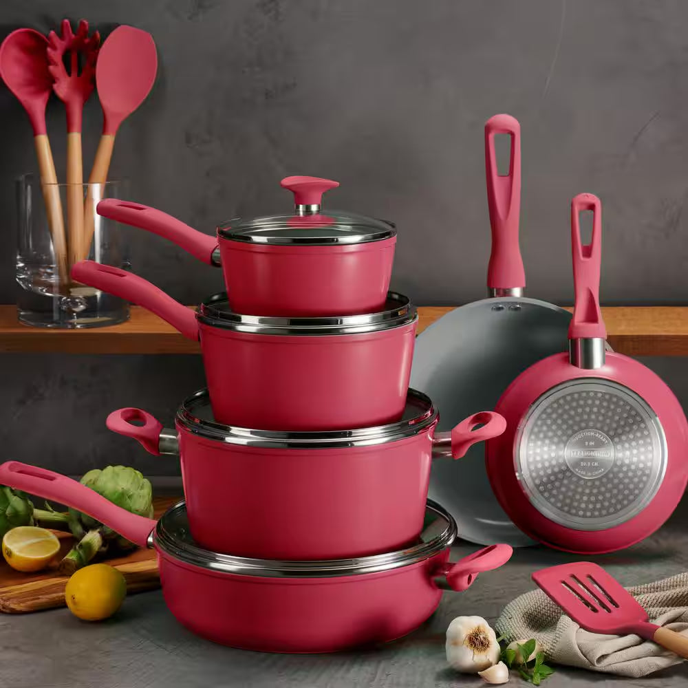 14-Piece Ceramic Cookware Set in Red